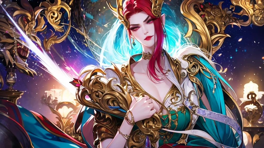 8k, masterpiece, best quality, highly detailed, 1 girl, tiefling, warlock, pixie cut, multicolored hair, very short straight hair green highlight hair on white hair, strippled hair, wearing glasses, round glasses, sexy, earrings, navel piercing, night gown, red eyeshadow, long eyelashes, blushed cheek, red lips, necklace, rings, collarbone, mole on face, glamorous, teal clothing, purple clothes, smirk, close up view, rings, looking at viewer, demon horns, solo, bedroom, blue pale moon, standing, royal dress, crown, devil books