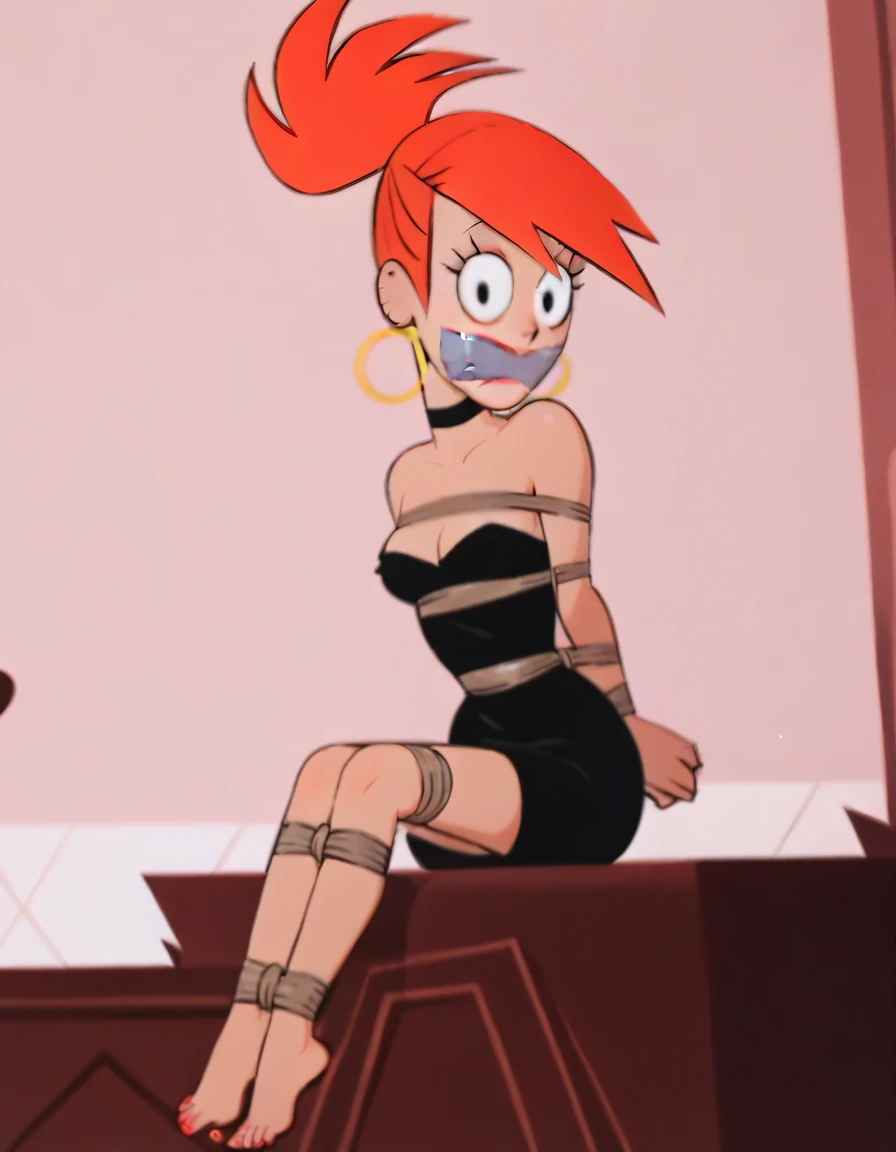Masterpiece, detaied, high quality, FrankieFoster, 1girl, lipstick, dress, black dress, solo, red hair, barefoot, sit on a chair, tied ankles together, tape gagged,tied arms, ponytail, high ponytail, bare shoulders,indoors, looking at viewer, score_9, score_8_up, score_7_up, score_6_up, score_5_up, score_4_up