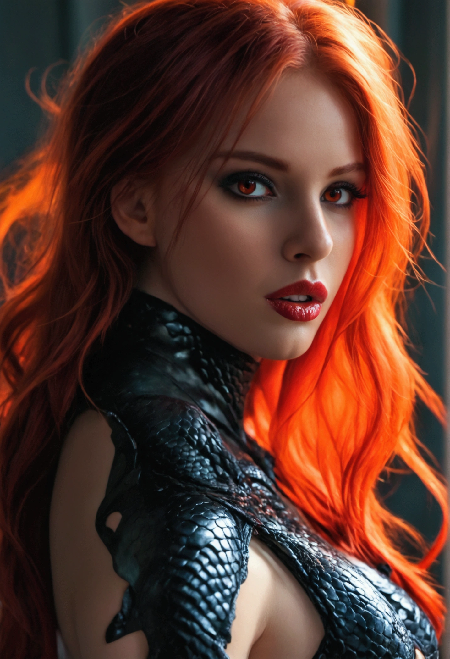 1girl, snake girl, monstergirl, snake tail, bound torso, long hair, red hair, beautiful detailed eyes, beautiful detailed lips, extremely detailed eyes and face, long eyelashes, two eyes, red eyes, forked tongue in girl's mouth, human torso, small fangs in girl's mouth, digital art, intricate details, cinematic lighting, dramatic lighting, red and black color scheme ultra realistic, photography, long red hair, girl, 24 years old, hourglass figure, perfect body, (full body shot:1.1)