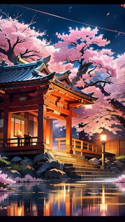 masterpiece,shrine,hope,positive,beautiful,Otorii,cherry blossoms ,Night Sky,High resolution, High resolution, 8k, masterpiece2:1,( 京都のshrine,moon)Rear view