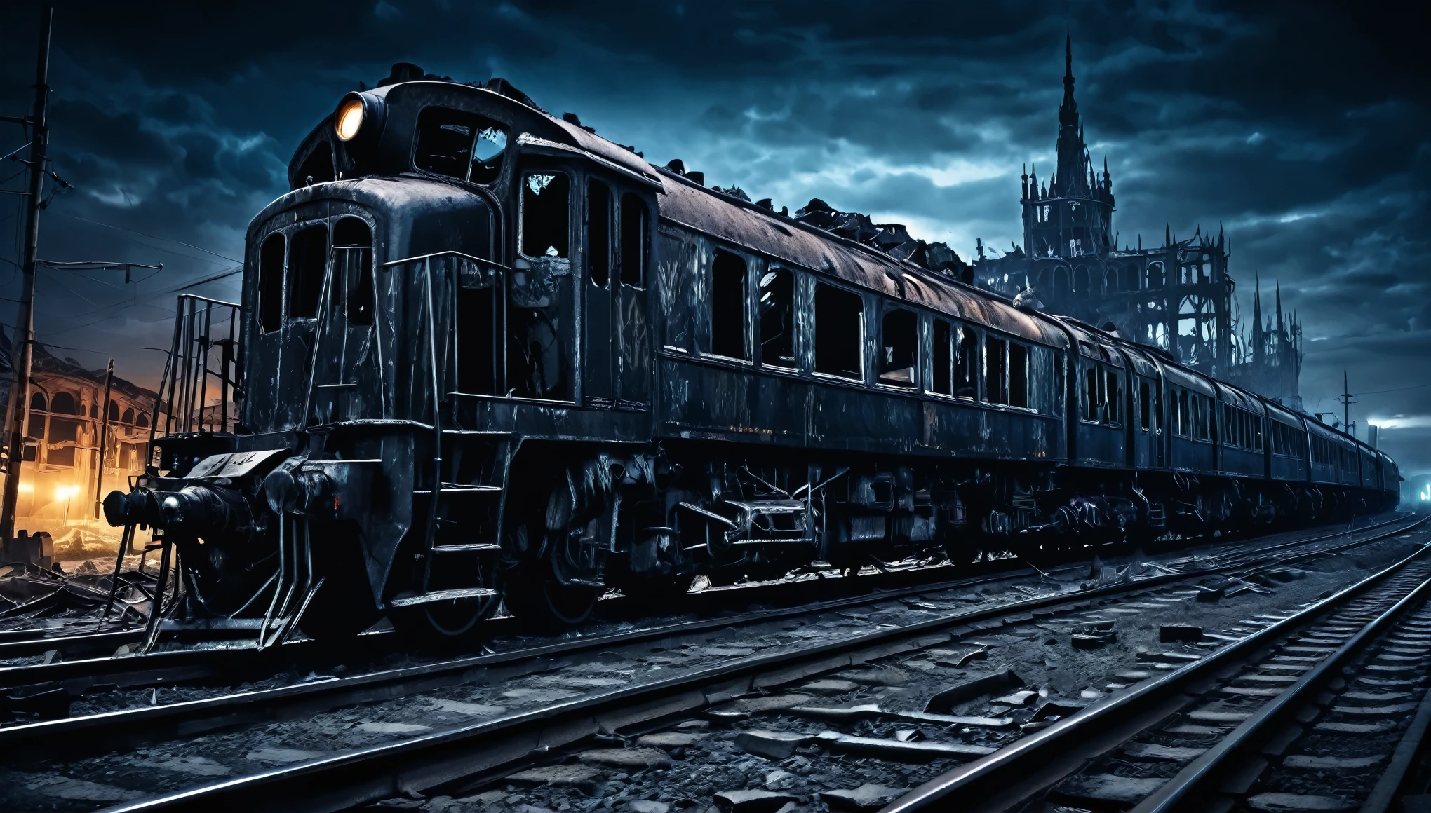 surrealism gothic dark city night post apocalyptic train destroyed and abandoned at night