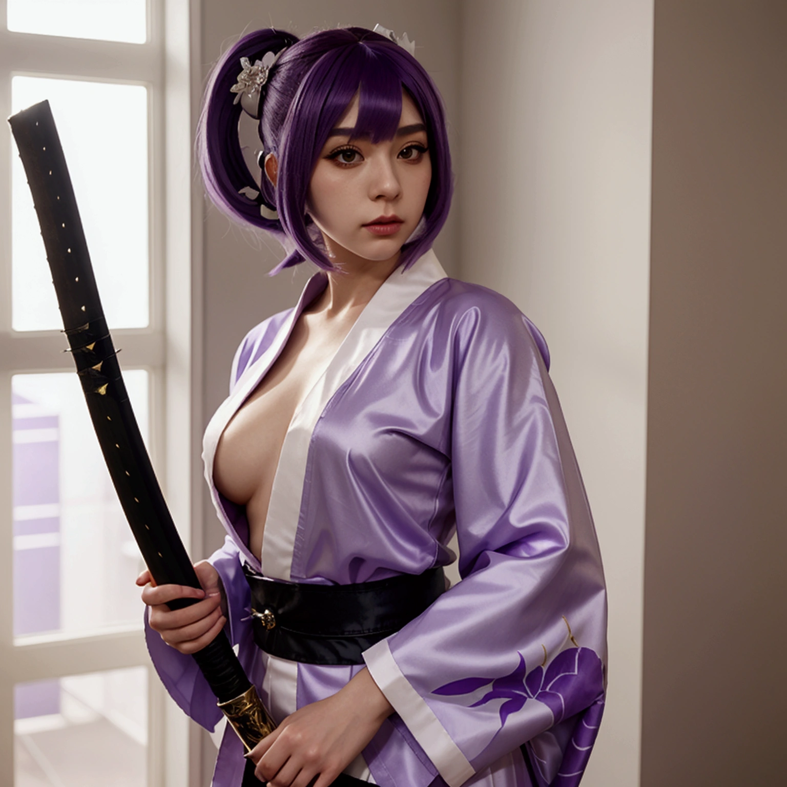 (master piece) (high details) girl cosplay with purple wig, katana and white purple kimono