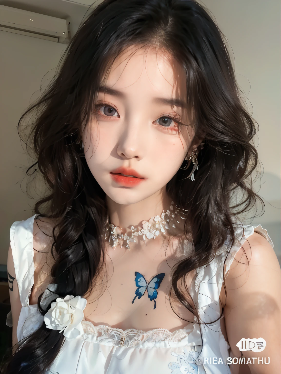 Close up of young woman with butterfly tattoo on chest, Best Face, Exciting and cute aesthetics, pale porcelain white skin, Popular Korean Makeup, Jinyoung Shin, Popular Korean Makeup, pale milky white porcelain skin, Beautiful young Korean woman, Young and lovely Korean face, Stunning young Korean woman, beautiful korean girl, korean girl, porcelain white skin