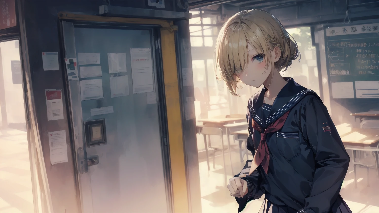 Highest quality, Anime Moe Art Style,Best Anime 8K Konachan Wallpaper,Pixiv Contest Winners,Perfect Anatomy, (Please draw a girl walking sleepily to school..... ),break, 1 Girl, (alone,,,:1.3),high school student, short hair, amount, (Hair above one eye:1.7),All limbs, Full Finger,Medium Chest, Between the legs, Small eyes,accurate black eyes, Hair Clip, (Sailor suit:1.5),(school uniform:1.5) skirt,On the way to school. break,Very detailed,High resolution,Ultra-Dense Skin, Professional Lighting,8K eye detail, (Cute illustrations:1.2),blonde，blonde hair，Expressionless，(Hair on one eye:1.5)，Sailor suit