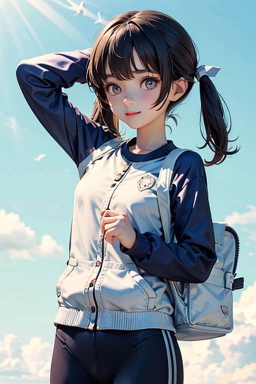 Two knots,girl,Pigtails,Hair tied in two ponytails at the back of the head,Primary school students,Smiling,Black Hair,clear,gunを持っている,Troubled face,gun,Beretta M92F,自動小gunを持っている,gunを両手に持っている,Troubled face,Sad face,Gym suit
