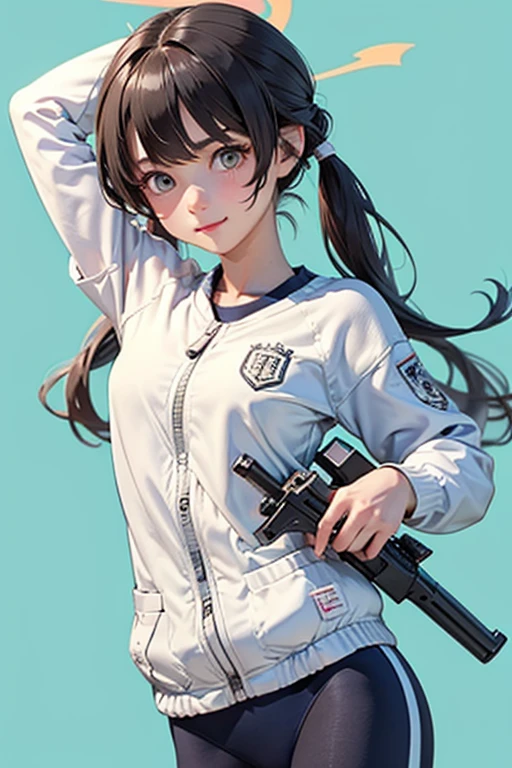 Two knots,girl,Pigtails,Hair tied in two ponytails at the back of the head,,Smiling,Black Hair,clear,gunを持っている,Troubled face,gun,Beretta M92F,自動小gunを持っている,gunを両手に持っている,Troubled face,Sad face,Gym suit
