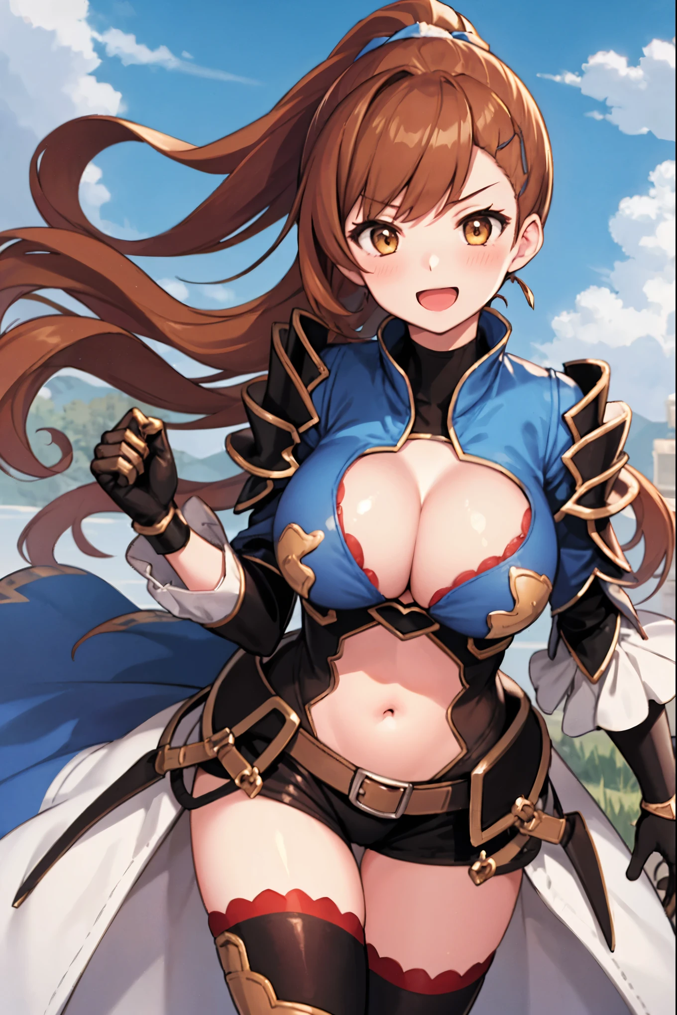 masterpiece, best quality, 1teen_girl,def,beatrix, ponytail, hair ribbon, gauntlets, blue shirt, gloves, cleavage cutout, looking at viewer, big_smile, large breasts, sky_landscape_background ,,happy,covered_nipples,young_,full_of_beans,,laugh,blush,open_mouth,thigh-highs, glower,open_legs,rise_knee,(angry:0.8)