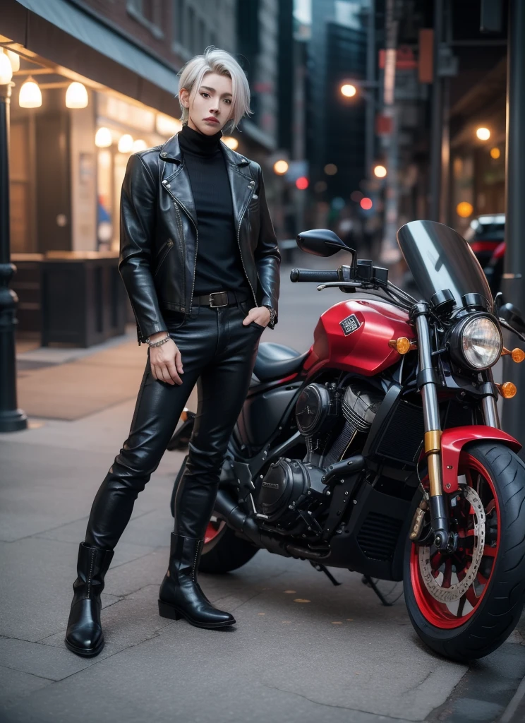 masterpiece, best quality, idolmaster, 1boy, leather jacket, turtleneck sweater, leather boots, leather pants, biker, white hair, realistic, hyper realism, reflective floor, outdoors, standing pose,
