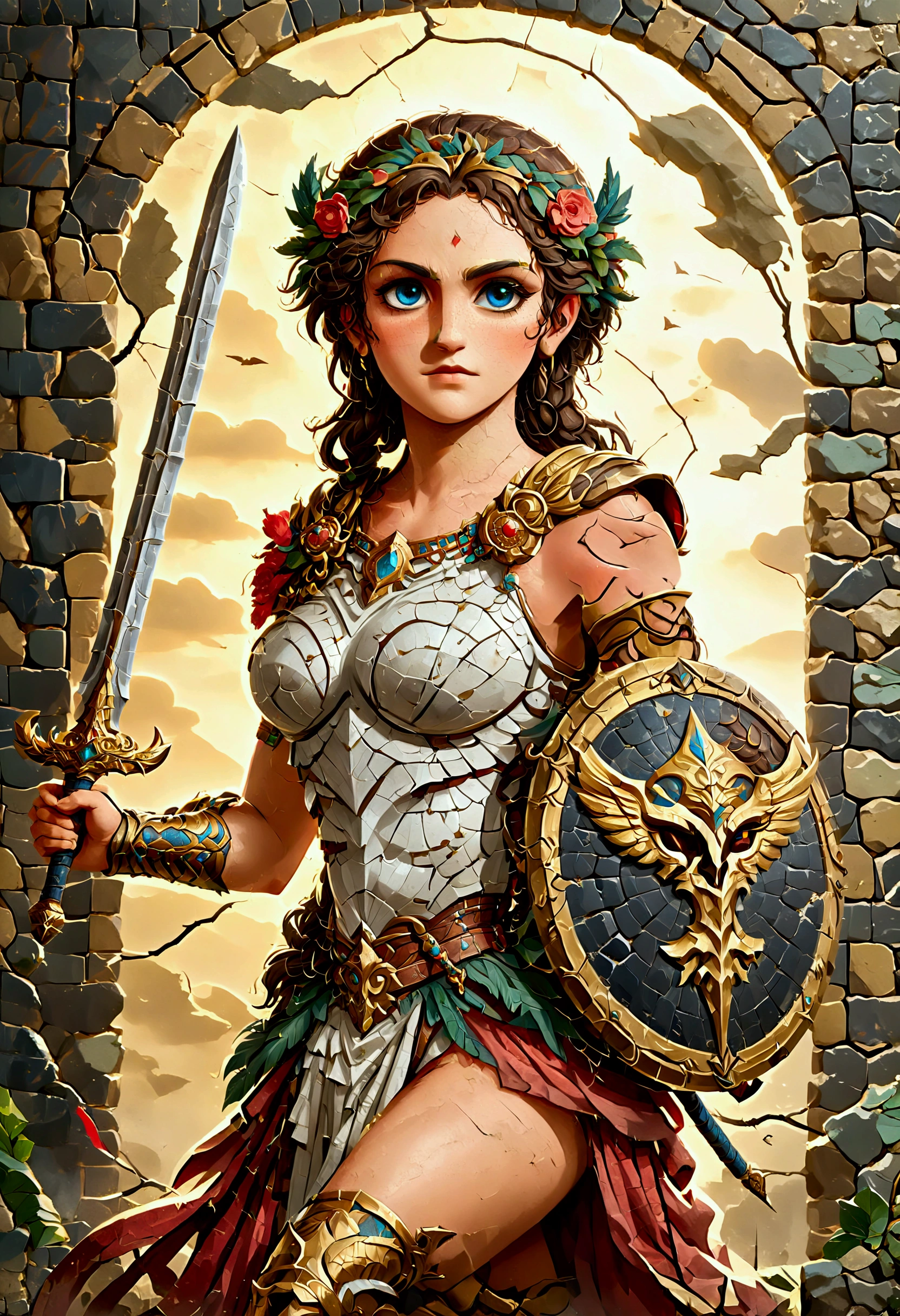 ancient Greek mosaic art of an amazon warrior holding a sword, ready for battle, beautiful amazon warrior holding a sword, ready for battle, ((full body shot: 1.5)), ((anatomically correct: 1.5)) (ultra detailed face: 1.4), dynamic skin complexion, dynamic hair style, dynamic hair color, she is wearing ancient Greek armor, armed with a Greek short sword, dynamic background, vibrant, Ultra-high resolution, High Contrast, (masterpiece:1.5), highest quality, Best aesthetics), best details, best quality, highres, 16k, [ultra detailed], masterpiece, best quality, (extremely detailed) RAW, fantasy art, dnd art, fantasy art, realistic art, (ultra details, Masterpiece, best quality), Intense gaze, flash