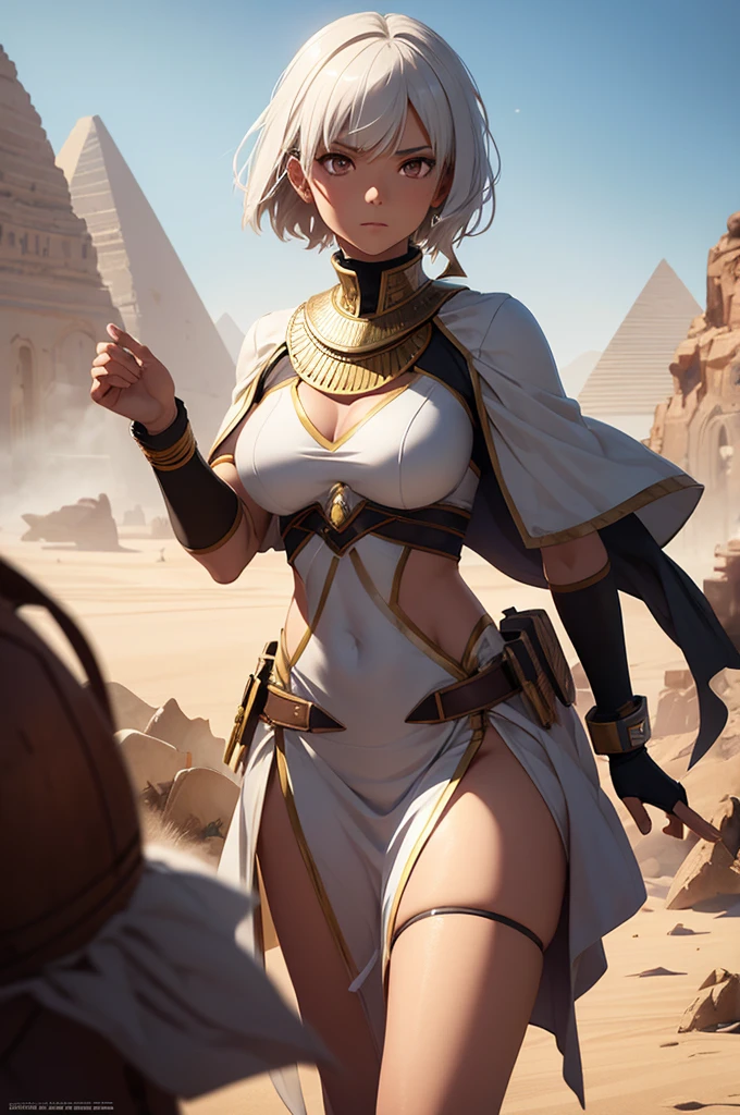 1girl, solo, short white hair, tall, slim, dark skin, brown eyes, serious, full body, egyptian attire, desert, god rays, ray tracing, reflection light, best quality, 8k, highres, masterpiece, ultra-detailed, realistic, photorealistic, HDR, UHD, studio lighting, ultra-fine painting, sharp focus, physically-based rendering, extreme detail description, professional, vivid colors, bokeh, digital art