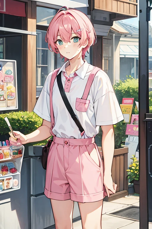 man, high, short pink hair, white shirt with straps, ice cream man, hair clips, gay