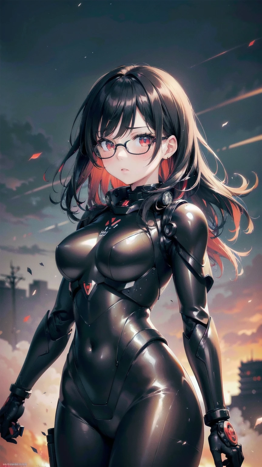 A pretty woman, 1 woman, Japanese, Alone, ((black metal plug suit:1.3)), ((many decorations plug suit), ((battle suit)), ((masterpiece)), ((Best Quality)), (ultra detailed), ((kawaii)), Beautiful, (beautiful), ((extremely detailed)), 4k, (8k), Best Quality, (beautiful), illustration, Worthy, (blow to the body), (Midnight, city, battlefield), Glasses, (short black hair), Hair blowing in the wind, beautiful red eyes, ((beautiful eyes)), lip, serious expression, blush, bright,