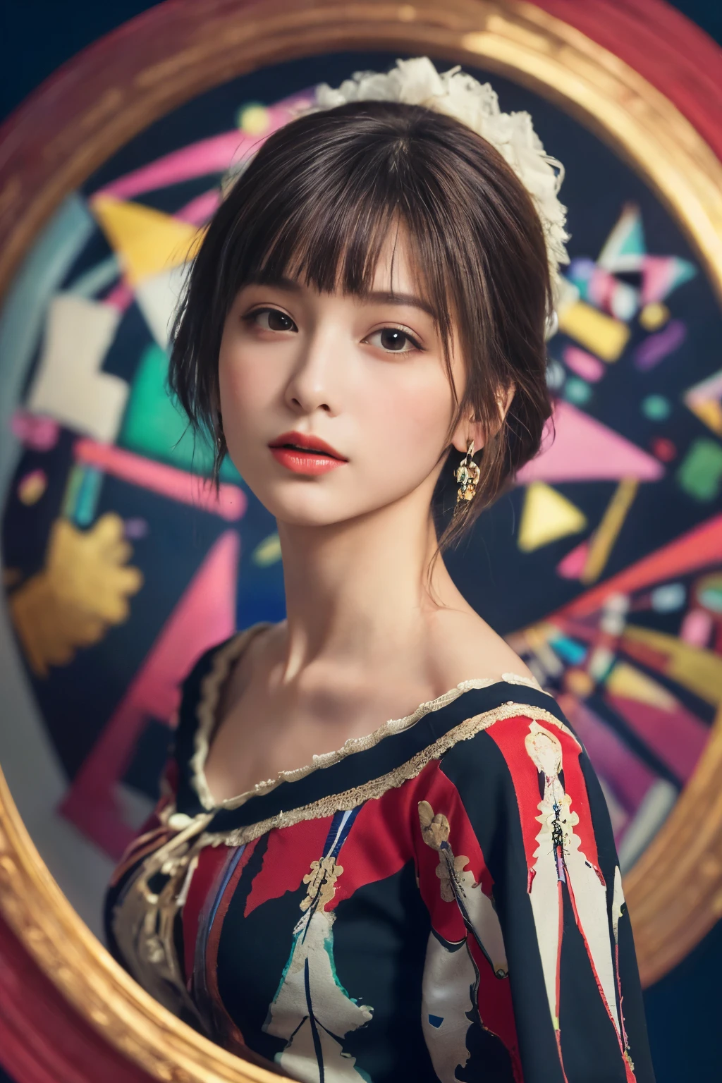 ((masterpiece:1.4, Highest quality)), (Realistic photos:1.4), (artwork),
((1 girl)), (Otherworldly beauty), (dream-like),
(超High resolution:1.2), Very delicate and beautiful, wonderful, Very detailedな CG Unity 8k 壁紙, Very detailed, High resolution,
Soft Light, Beautiful detailed girl, Very detailedな目と顔, Beautiful and exquisite nose, Beautiful and exquisite,
(Dressed in early 20th century Western European clothing:1.3),
Cinema Lighting, Perfect Anatomy, Slender body, (Parted bangs),
(Portrait of a Girl:1.5), (Kandinsky-style abstract background:1.5),
Cowboy Shot