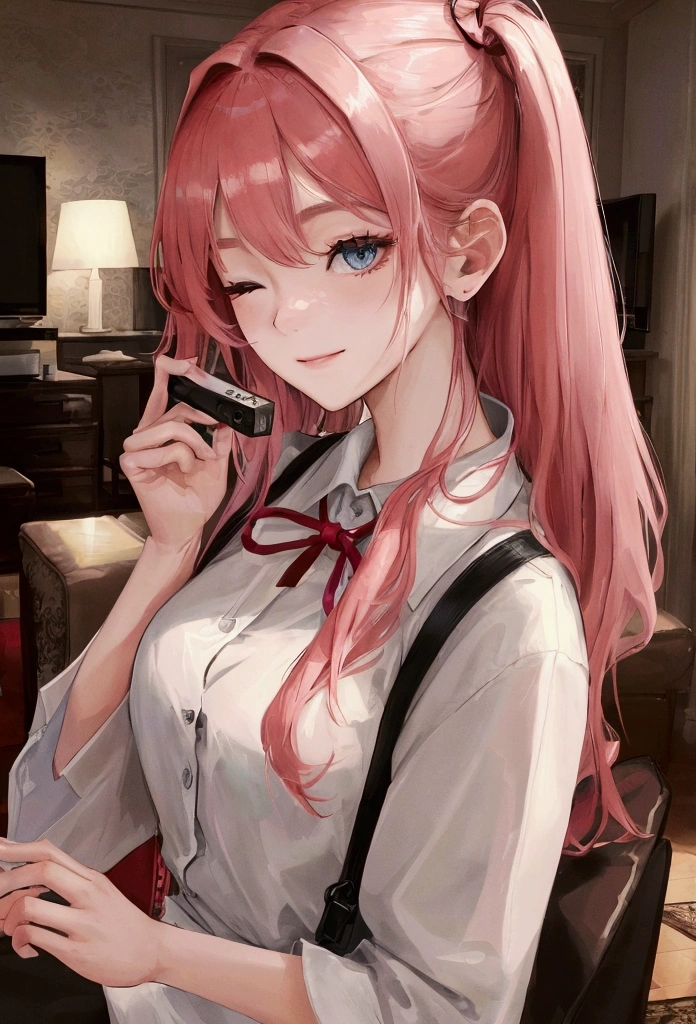 (masterpiece: 1.3), (Maximum resolution: 1.2), (Ultra High Definition TV: 1.2), Cinematic Light, 8k resolution Highly detailed face and skin textures in the house Living Room One Woman Perfect Style American casual clothes Shirt tilted to one side, one eye closed Beautiful and smiling from ear to ear 歯をみせる
Beautiful Eyes,Beautiful Eyes, Thin eyebrows
She looks embarrassed to have a close-up of her face Red cheeks, pink hair Camera from under the piece