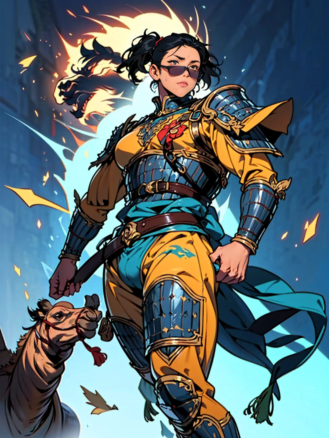 (High resolution, Pixel Perfect, Realistic, Great illustrations), (super high quality, The pieces fly, Ethereal: 1.4), ((One girl)), ((Nasty Woman)), Female dog, ((stand,Leg spread)), Cool vibe, Black hair twin tails, ((Beautiful Face)), (((((((Muscular))))))), ((Thick thighs)), (((Wide Hips))), ((A big bust that seems to burst)), Warrior, (((what_spend_armor))), ((leotard)), ((Camel Toe)), Glowing Skin, Glowing Skin, Sweat, Simple Background,