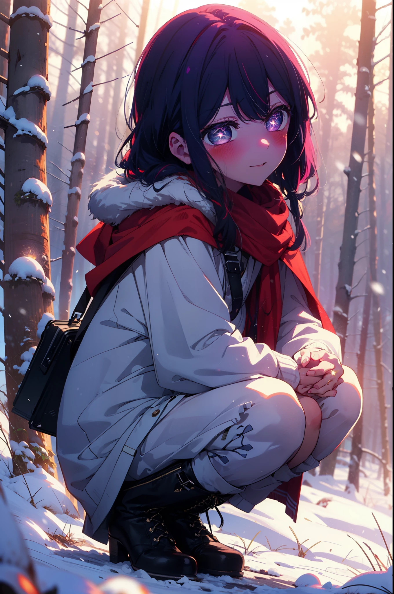 aihoshino, Ai Hoshino, Long Hair, bangs, (Purple eyes:1.1), Purple Hair, (Symbol-shaped pupil:1.5), smile,,smile,blush,white breath,
Open your mouth,snow,Ground bonfire, Outdoor, boots, snowing, From the side, wood, suitcase, Cape, Blurred, , forest, White handbag, nature, Squat, Mouth closed, Cape, winter, Written boundary depth, Black shoes, red Cape break looking at viewer, Upper Body, whole body, break Outdoor, forest, nature, break (masterpiece:1.2), Highest quality, High resolution, unity 8k wallpaper, (shape:0.8), (Beautiful and beautiful eyes:1.6), Highly detailed face, Perfect lighting, Highly detailed CG, (Perfect hands, Perfect Anatomy),