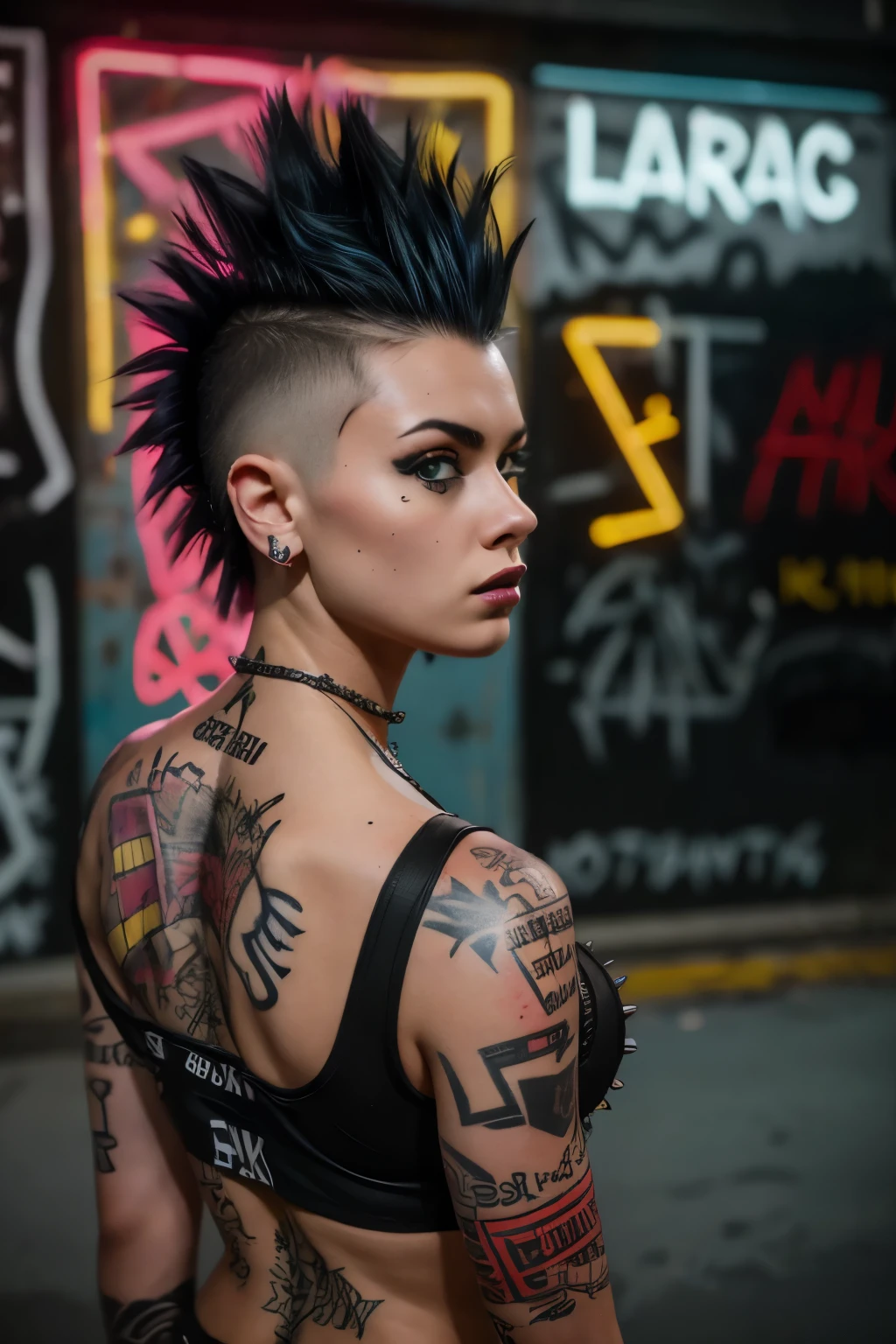 Photorealistic, ultra-detailed, ((back viewer, looking to spectator)), ((hot Rocker punk girl, spiky Black mohawk hair)) girl, hot Body, Nice Butt, abs, tattoo, t-shirt nipples, portrait photo, Solo, Brazilian Girl dimly lit room, edgy urban scene with graffiti, dark and moody, late evening, city lights flashing, neon lighting The essence of rock and roll, (((spike hair))), 18 years old, assertive, confident expression, showcasing multiple piercings, blurry background, analogue style, grunge texture, Best contrast, industrial, Instagram LUT, Professional, 4k, electrifying gaze, shot on Nikon, 50mm, shallow depth of field,  ((Abandoned Graffiti Wall Background, cinematic lighting )).