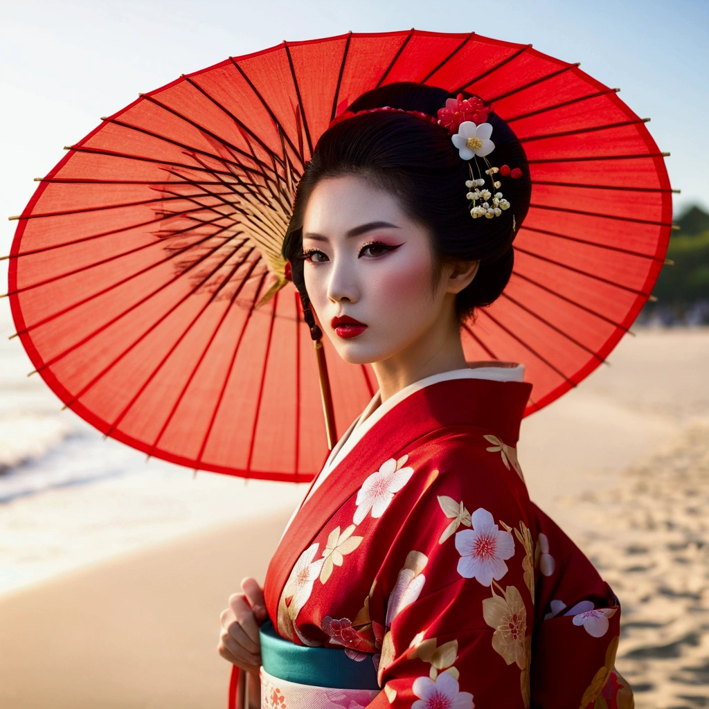 glamorous and sexy geisha, Traditional beauty, in kimono, geisha, beauty geisha, Inspired by , traditional geisha clothing, geisha makeup, ((Woman in kimono)) holding a fan - woman in kimono, traditional Japanese, Japanese style, Japanese goddess Glamorous and sexy geisha - glamorous and sexy geisha, Japanese geisha Traditiona,Arabian woman in kimono holding umbrella and red umbrella, traditional geisha clothing, glamorous and sexy geisha, japanese geisha, female geisha girl, intricate geisha kimono, geisha photo portrait, geisha, beauty geisha, Japanese Kimono, red kimono, Traditional Japanese, organic seductive geisha, geisha hairstyle, Japanese style((Indiasug nr_v1.0, (Sharp focus: 1.5), (Sharp focus:1.2), Portraiture, intractive young woman, (Beautiful Face:1.1), Detailed eyes, Seductive lips, (eye make up:1.2), (Toned body:1.2), wear (Floral Dress:1.2) in (Beach:1.2). (Morning Sun:1.2), Depth of written boundary, Bokeh, 4K, High resolution. by (James C. Christensen:1.2|Jeremy Lipking:1.1).