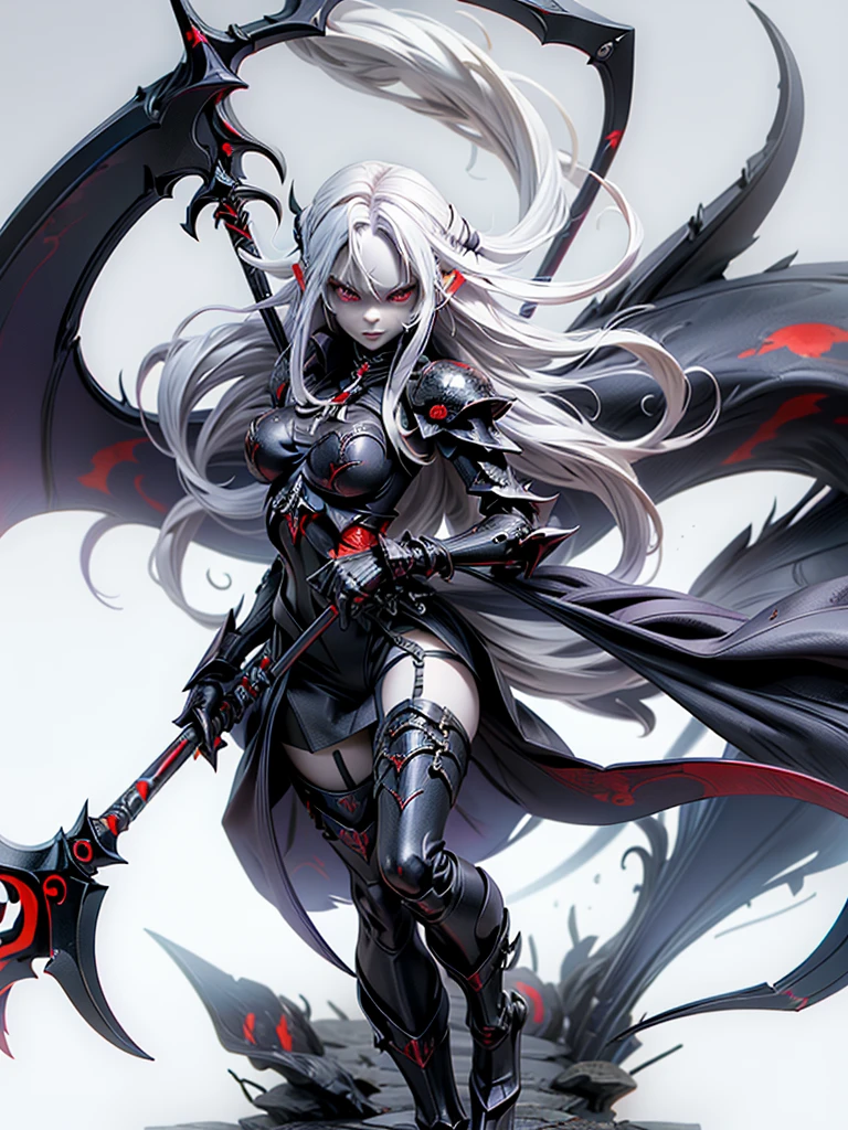  (((Masterpiece, best quality, 16k))),Unique beauty female character with long white hair and piercing red eyes. She wears a demonic armor in purple, black, and white.  wields a large, stylized scythe. The character has a menacing expression, with a chaotic environment as the background. ((full body front view)). ((slender)), (extremely beauty:1.4),(extremely detailed:1.5), (long white hair:1.2), (piercing eyes:1.2), (chaotic environment:1.1), (demonic armor:1.3), (stylized scythe:1.3).