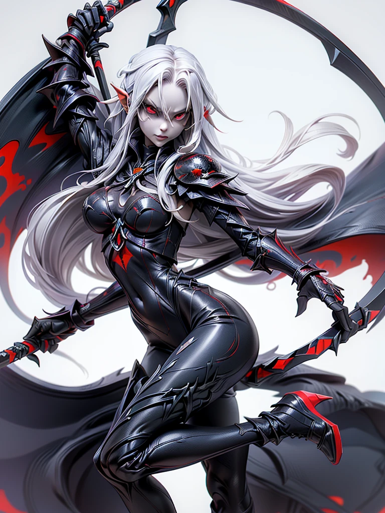  (((Masterpiece, best quality, 16k))) female character with long white hair and piercing red eyes. She wears a demonic armor in purple, black, and white.  wields a large, stylized scythe. The character has a menacing expression, with a chaotic environment as the background. ((full body front view)). ((slender)), (extremely detailed:1.5), (long white hair:1.2), (piercing red eyes:1.2), (chaotic environment:1.1), (demonic armor:1.3), (stylized scythe:1.3).