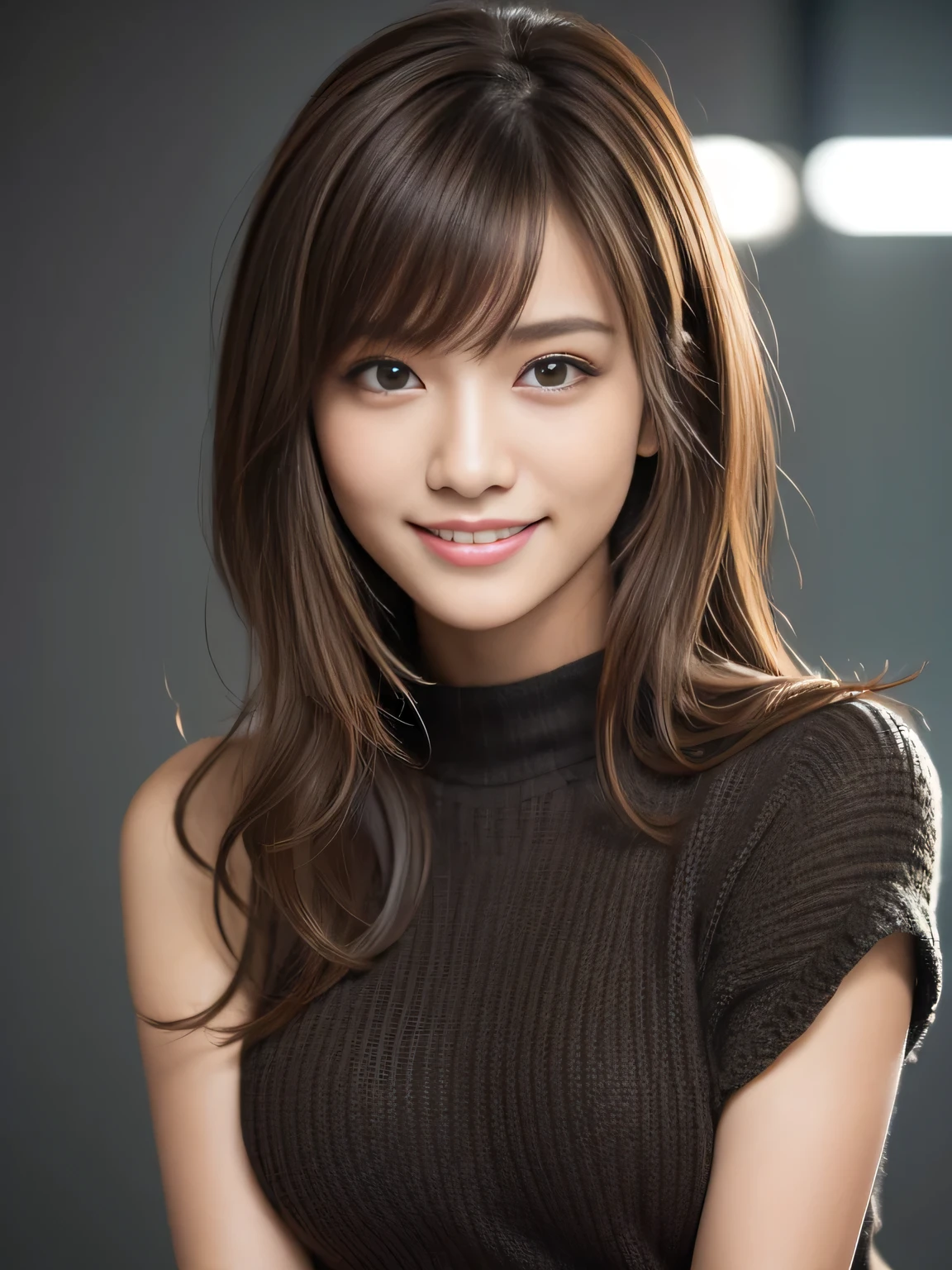 masterpiece, best quality, ultra-detailed, intricately detailed hyperdetailed, realistic, sharp features, highly detailed, sharp focus, Realistic, Photorealistic:1.3, (17 years old:1.3), perfect face, perfect symmetrically eyes, perfect full lips, hyper detailed, hyper realistic, high resolution, Fashion Model, Japanese Idol, Slender, brown hair, Stylish, model poses, Beautiful Face, light brown hair, messy hair, asymmetrical bangs, (grin:1.2), (looking at viewer), cinematic lighting, grey background, (Black knit:1.2), portrait