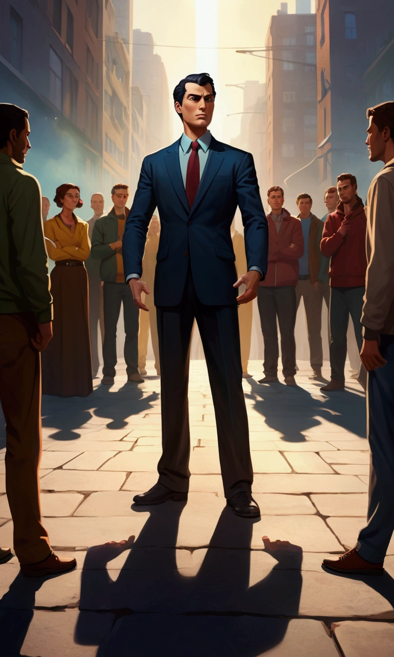 A human figure with a determined expression, facing a group of people who point out and criticize him. The background can be an urban environment or an open space, with shadows and lights that emphasize the confrontation.