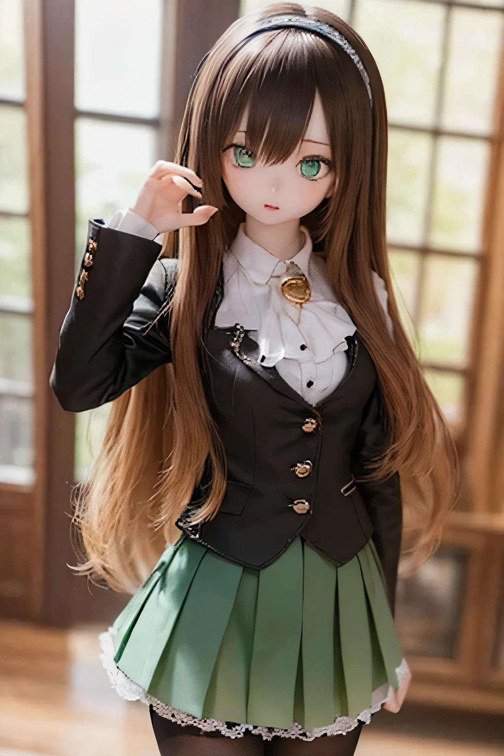 (SFW:2), photorealistic, realistic photo, 8k, ((highest quality)), ((masterpiece)), (extremely detailed), kukolnydom, doll, (mature woman, 21yo, 21 years old, solo:1.6), ((cowboy shot, stylish pose, slim, slender, skinny, medium breasts, hairband, ascot, vest, blouse, long puff sleeves, pleated skirt, black pantyhose)), (green eyes, brown hair, long hair, plastic skin, looking at another, glass eyes, gradient eyes, shining eyes, detailed eyes:1.3)