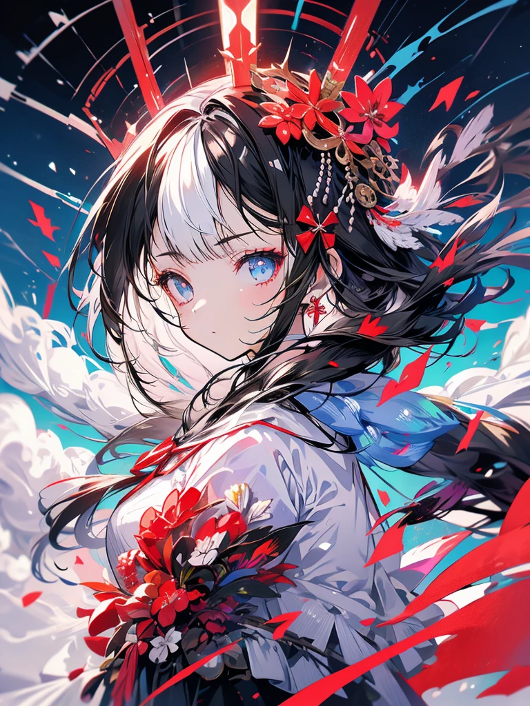 Shrine maiden outfit, serious face, girl, cool, long black hair