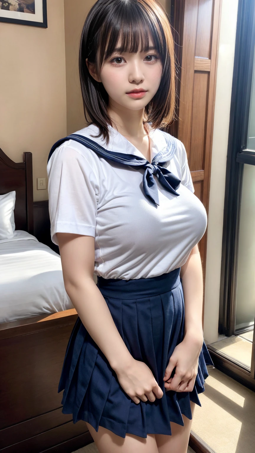 masterpiece, best quality, illustration, Super detailed, fine details, High resolution, 8K,wall paper, perfect dynamic composition,(Details High quality, realistic depiction of eyes:1.3), Black Sailor Uniform, serafuku, Navy pleated skirt, huge breasts, short bob hair, black hair color, Big Natural Color Lip, bold sexy pose, crying a little、 Harajuku style、20 year old girl、cute type、lolita、beautiful legs, hotel room, full body photo、focus on crotch, hposing Gravure Idol