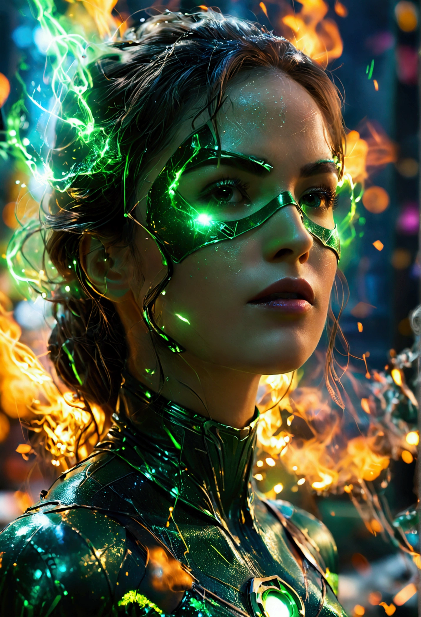 Scene from the movie, Woman dressed as Green Lantern from DC, extremely detailed, futuristic cityscape, nighttime, glowing neon lights, smoke, sparks, metal shavings, flying debris, blue energy effects, volumetric light