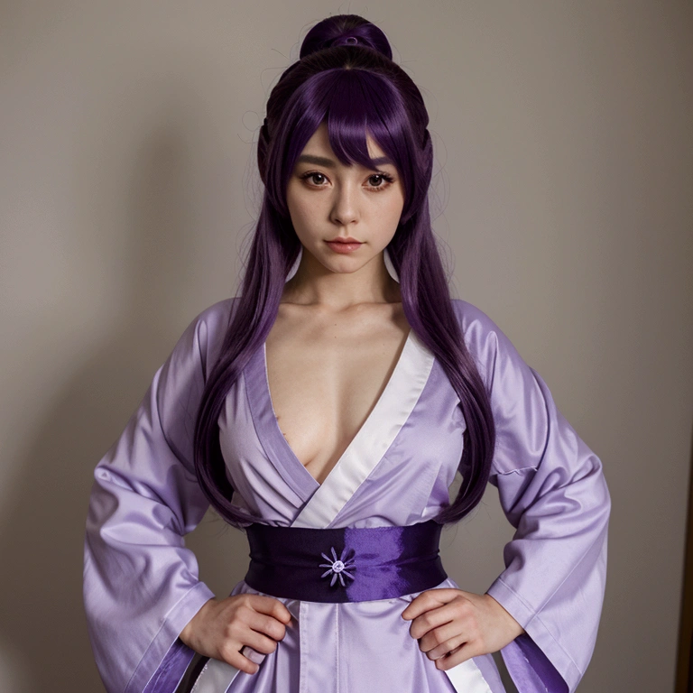 (master piece) (high details) polite girl cosplay with purple wig, katana and white purple kimono