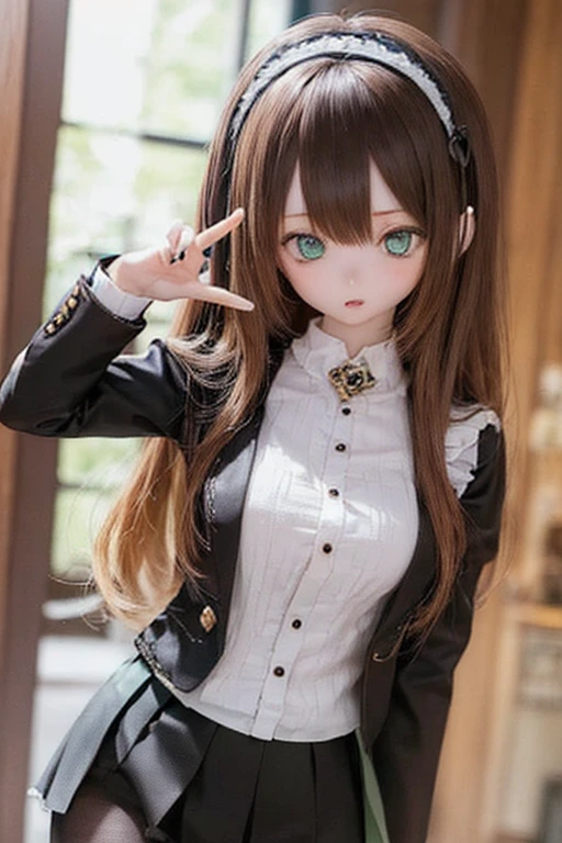 (SFW:2), photorealistic, realistic photo, 8k, ((highest quality)), ((masterpiece)), (extremely detailed), kukolnydom, doll, (mature woman, 21yo, 21 years old, solo:1.6), ((cowboy shot, stylish pose, slim, slender, skinny, medium breasts, hairband, ascot, jacket, dress shirt, long puff sleeves, pleated skirt, black pantyhose)), (green eyes, brown hair, long hair, plastic skin, looking at viewer, glass eyes, gradient eyes, shining eyes, detailed eyes:1.3)