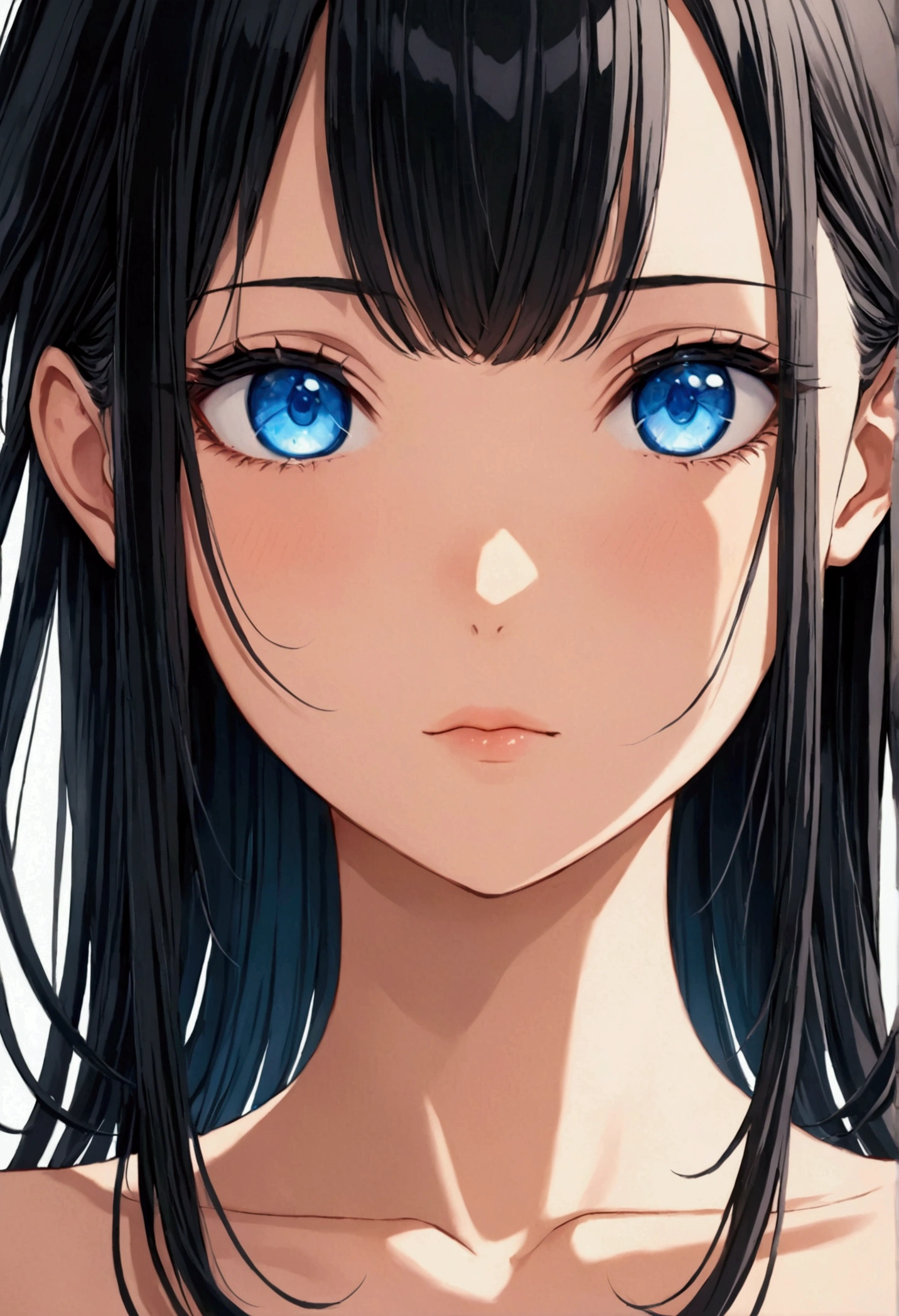 Anime girl, black hair, blue eyes,rectangular body figure, detailed hair, detailed face,best quality, high resolution, 8k