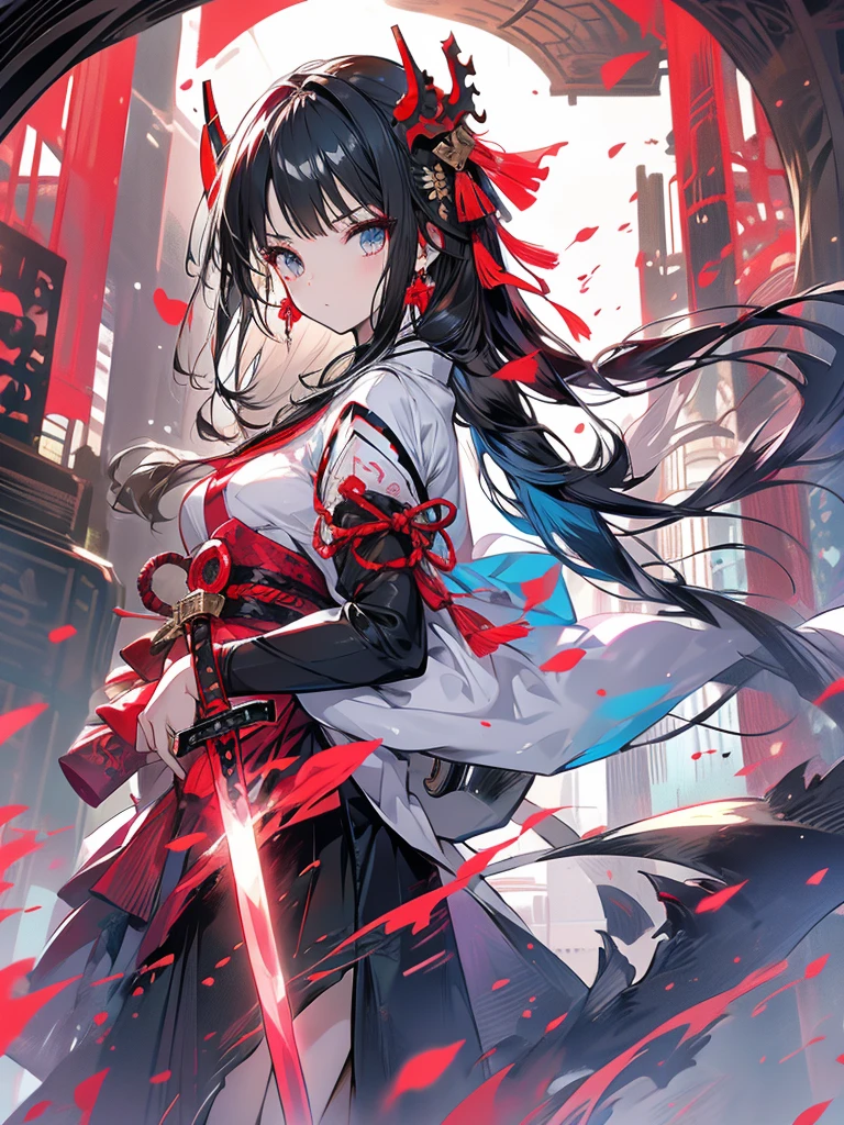Shrine maiden outfit, serious face, girl, cool, long black hair, sword