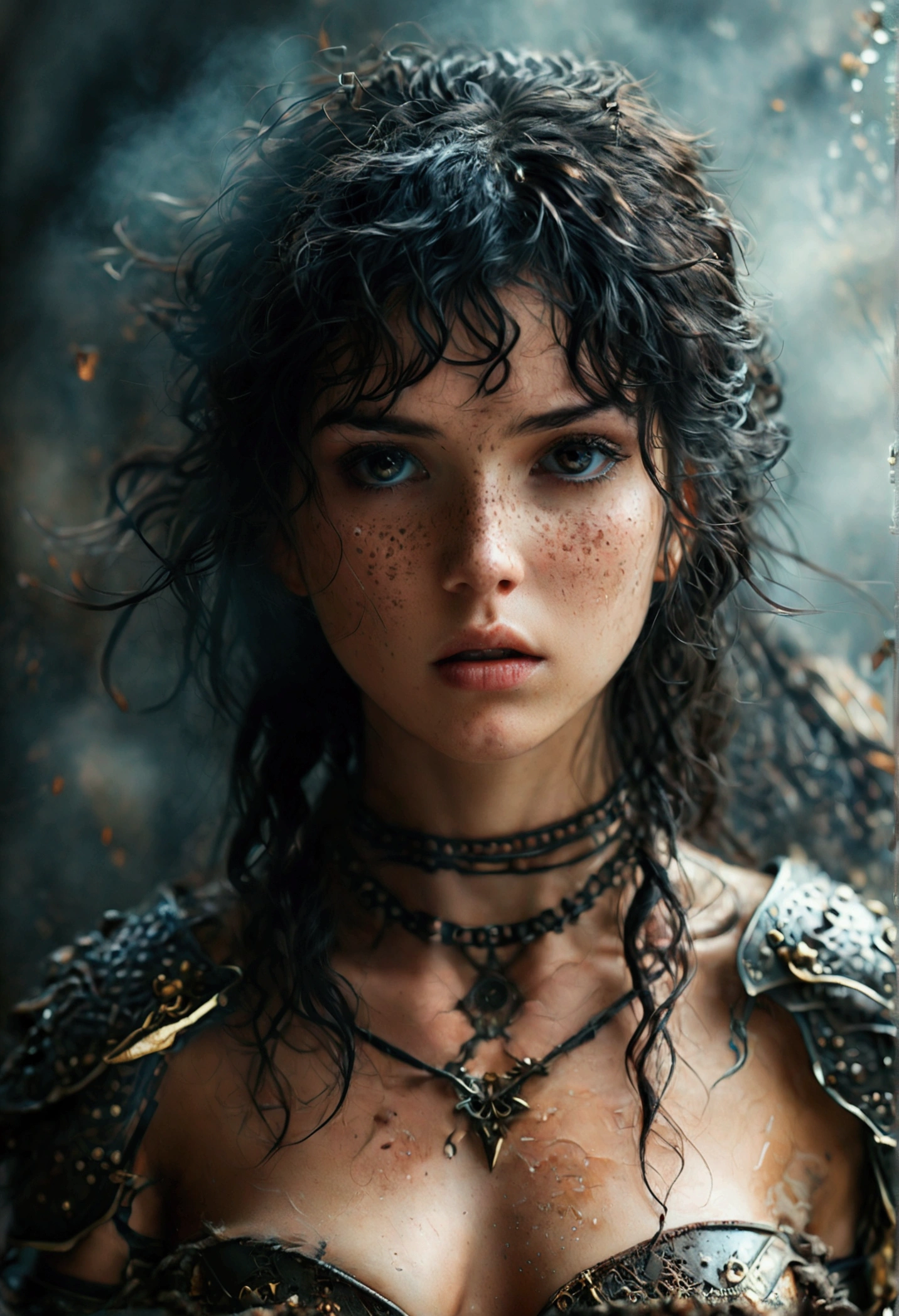 (best quality, High resolution, masterpiece, overhead view:1.20),ultradetailed, (Full body:1.5), standing:1.2, Height 162cm, Body weight 46kg, 20 age old, female warrior, topless , asymmetrical bangs, freckles, black hair, big curls, Long hair, dark eyes, posing lasciviously, gloomy ecstasy, dark atmosphere, mysterious aura, provoking Pose, Strong emotions, through urgent look, intense shadow, Foggy background, Subtle color palette, rough terrain, threatening mood, A supernatural sensation,