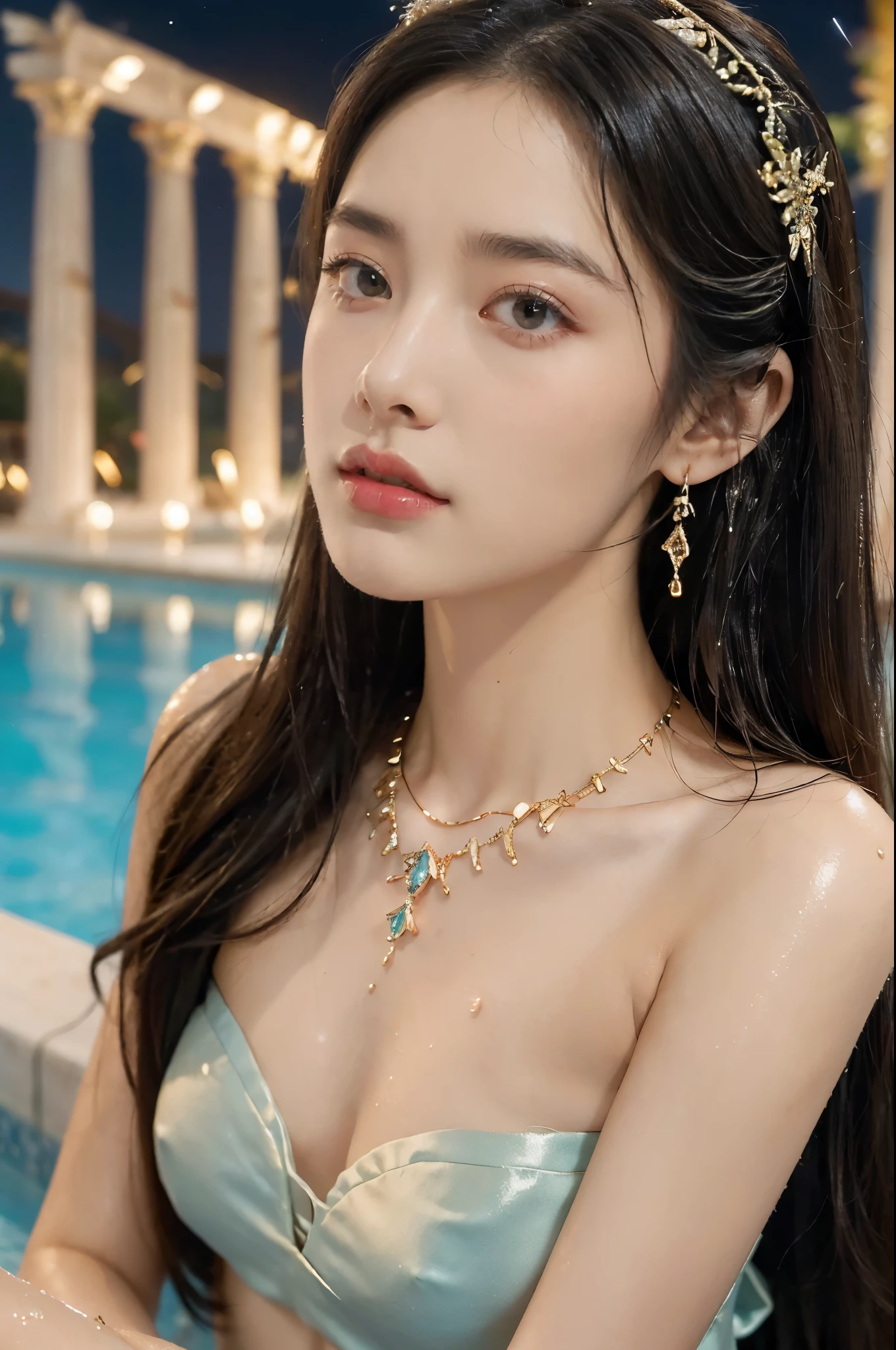 (((best quality))),(((ultra detailed))),(((masterpiece))),illustration,((1 beautiful girl,ancient greek princess,solo)),((earrings,crystal necklace)),(((sweat,wet,shiny skin))),((slim,thin)),((small breasts,flat chest)),(strapless Gorgeous sheer bra:1.3),(((luxurious pool,grand temple,starry night sky))),summer,radiant complexion,(shoulder length straight hair:1.2),graceful,intricate patterns,embellishments,shimmering fabric,rainbow colors,gentle waves,fragrant oils,lush plants,elegant columns,serene ambiance,(surrounded by crowded crowds of attendants:1.3),ritual of cleansing,opulence,tranquility,solitude,busy life,timeless,enchanting image,essence of ancient greece,(((from front,close-up of face)))