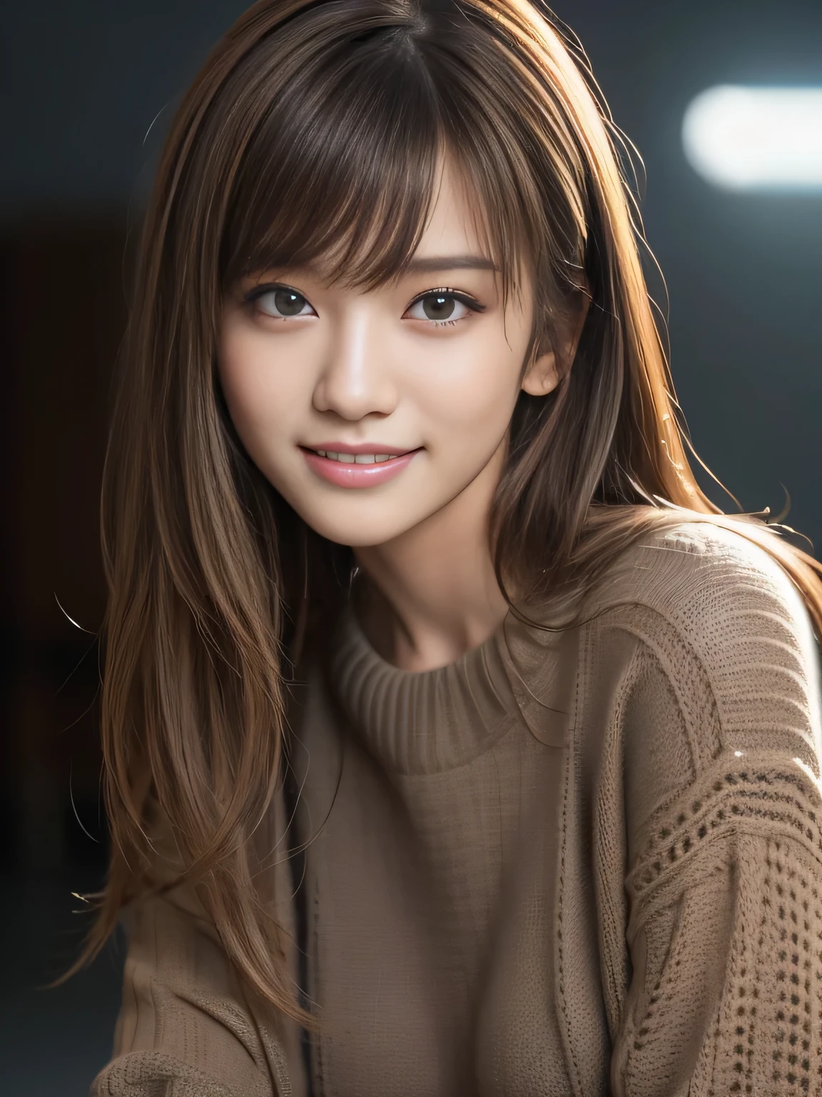 masterpiece, best quality, ultra-detailed, intricately detailed hyperdetailed, realistic, sharp features, highly detailed, sharp focus, Realistic, Photorealistic:1.3, (17 years old:1.3), perfect face, perfect symmetrically eyes, perfect full lips, hyper detailed, hyper realistic, high resolution, Fashion Model, Japanese Idol, Slender, brown hair, Stylish, model poses, Beautiful Face, light brown hair, messy hair, asymmetrical bangs, (grin:1.2), (looking at viewer), cinematic lighting, grey background, (Black knit:1.2), portrait