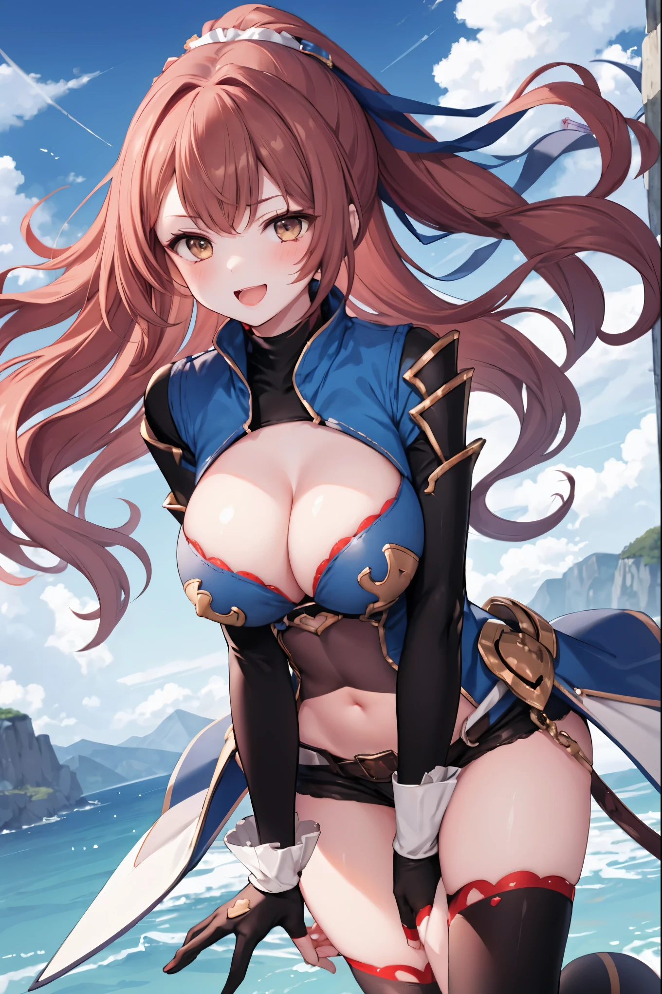 masterpiece, best quality, 1teen_girl,def,beatrix, ponytail, hair ribbon, gauntlets, blue shirt, gloves, cleavage cutout, looking at viewer, big_smile, large breasts, sky_landscape_background ,,happy,covered_nipples,young_,full_of_beans,,laugh,blush,open_mouth,thigh-highs, glower,open_legs,rise_knee,(angry:0.8)