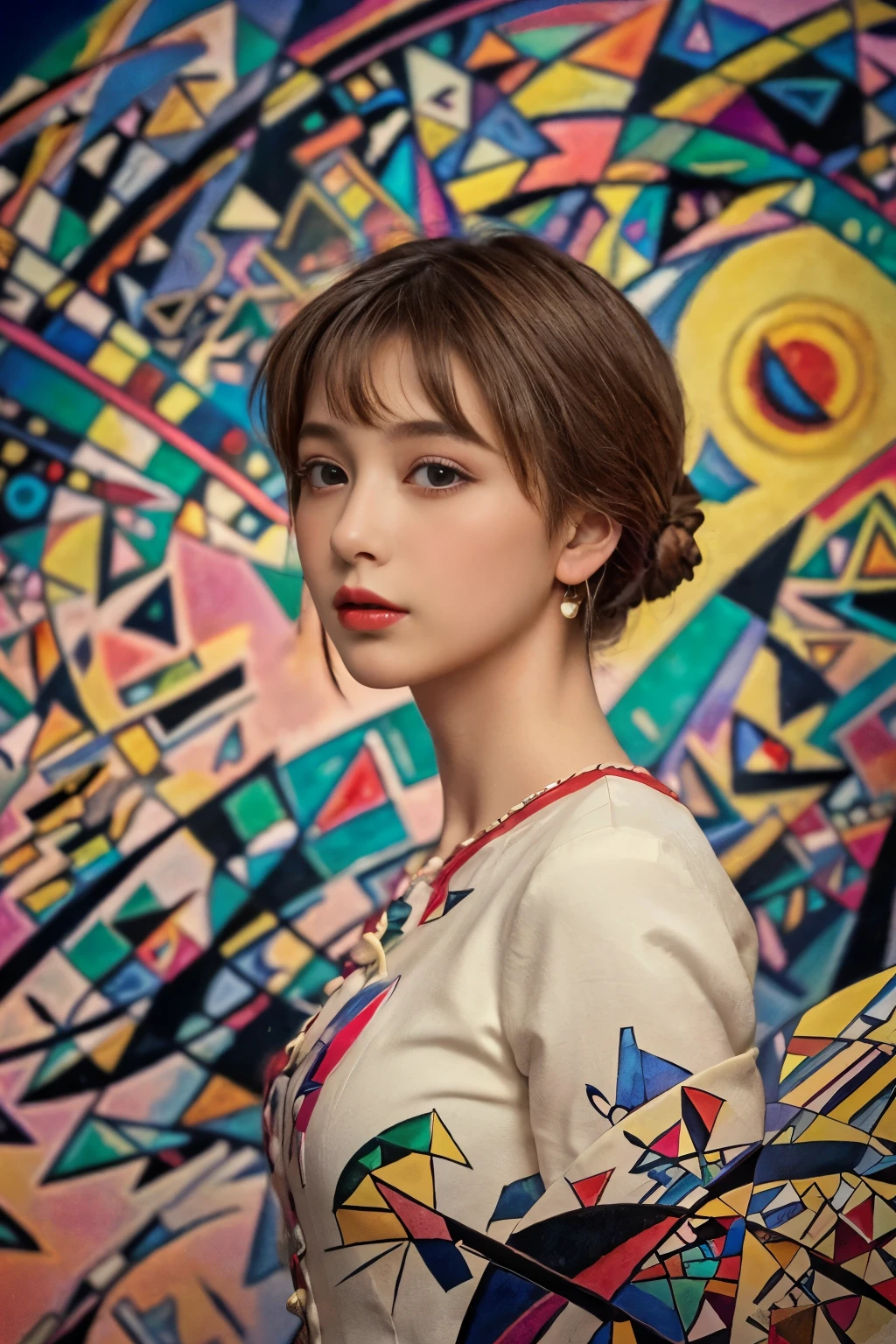 ((masterpiece:1.4, Highest quality)), (Realistic photos:1.4), (artwork),
((1 girl)), (Otherworldly beauty), (dream-like),
(超High resolution:1.2), Very delicate and beautiful, wonderful, Very detailedな CG Unity 8k 壁紙, Very detailed, High resolution,
Soft Light, Beautiful detailed girl, Very detailedな目と顔, Beautiful and exquisite nose, Beautiful and exquisite,
(Dressed in early 20th century Western European clothing:1.3),
Cinema Lighting, Perfect Anatomy, Slender body, (Parted bangs),
(Portrait of a Girl:1.5), (Kandinsky-style abstract background:1.5),
Cowboy Shot