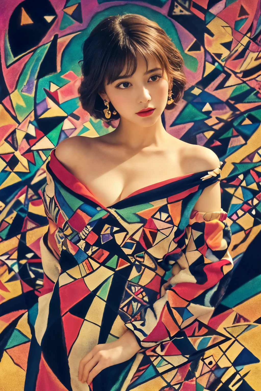 
((masterpiece:1.4, Highest quality)), (Realistic photos:1.4), (artwork),
((1 girl)), (Otherworldly beauty), (dream-like),
(超High resolution:1.2), Very delicate and beautiful, wonderful, Very detailedな CG Unity 8k 壁紙, Very detailed, High resolution, 
Soft Light, Beautiful detailed girl, Very detailedな目と顔, Beautiful and exquisite nose, Beautiful and exquisite, 
(Dressed in early 20th century Western European clothing:1.3),
Cinema Lighting, Perfect Anatomy, Slender body, (Parted bangs),
(Portrait of a Girl:1.5), (Kandinsky-style abstract background:1.5),
Cowboy Shot