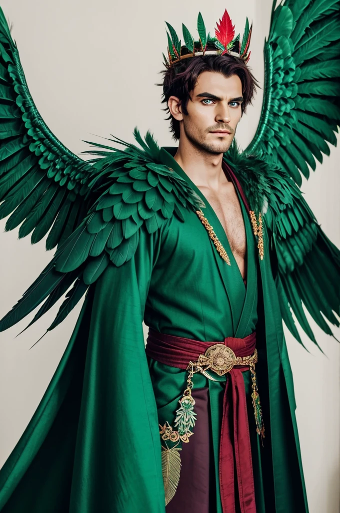 He is a tall green demon with green, dark green and turquoise colored wings. The feathers of the wings are very sharp. He wears a green crown with 3 red gems. One at left, one at middle and one at right. He wears a green robe. His eyes are pure red.
