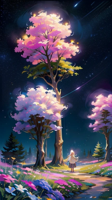 Painting of a night sky with a half moon, night sky full of flowers, Lilac bush, Moonlight shining on wildflowers, Detailed gouache paintings, Starry sky painting, Trees and flowers, lush Trees and flowers, Flower field at night, Realistic Flower Oil Painting, Flower Splash Painting, Cotton candy bush, Flowers and trees, Luminescent oil painting