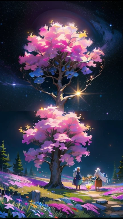 Painting of a night sky with a half moon, night sky full of flowers, Lilac bush, Moonlight shining on wildflowers, Detailed gouache paintings, Starry sky painting, Trees and flowers, lush Trees and flowers, Flower field at night, Realistic Flower Oil Painting, Flower Splash Painting, Cotton candy bush, Flowers and trees, Luminescent oil painting