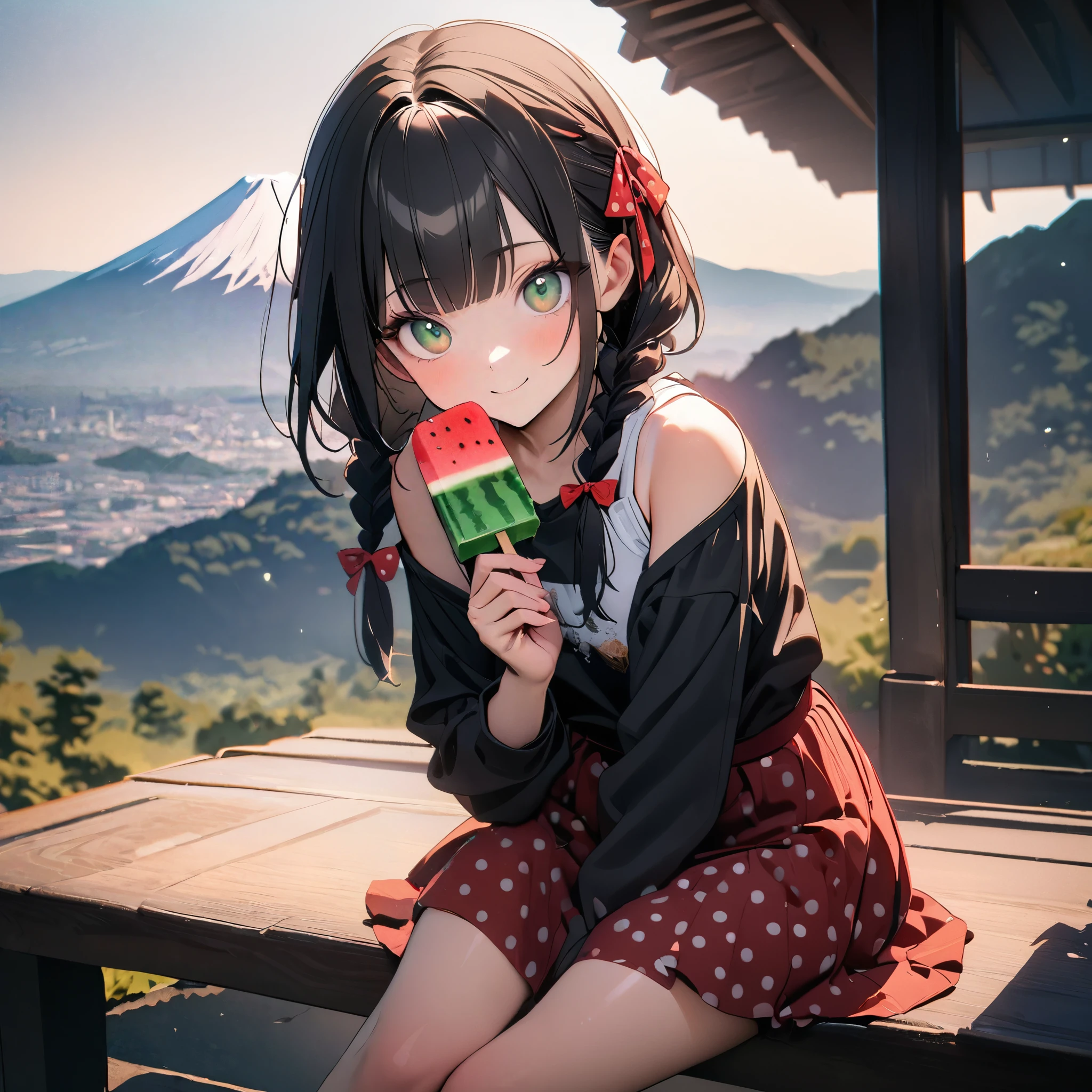 (8K, best quality, master piece: 1.2),super high resolution,1 girl,solo,16yo,ultra-detailed face,detailed eyes,gradient eyes,lash extension,red polka-dot pattern hair ribbon,black hair,braids,blunt bangs,vertical-striped tied green and black shirt,white camisole,polka-dot pattern layered red Skirt,holding a watermelon ice cream bar,Smiling at the viewer,Sitting on a bench,Professional lighting,High ground with a view of Mt. Fuji