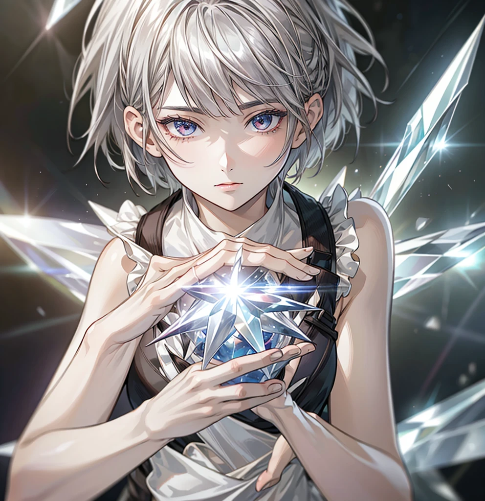 silver hair, short hair, asymmetrical bangs, crystal hair, shiny hair, Surrealism, lens flare, anime, 8k, super detail, UHD, retina, masterpiece, accurate, anatomically correct, textured skin, super detail, high details, high quality, award winning, best quality, highres
A girl inspired by Uranus, with a lively atmosphere but a sad and dignified expression. She has short silver hair. The background includes meteors streaking across the sky
(low quality,worst quality:1.4),extra limbs,missing limb,extra digit,fewer digit,missing digit,missing finger,fused fingers,mutated hands and fingers