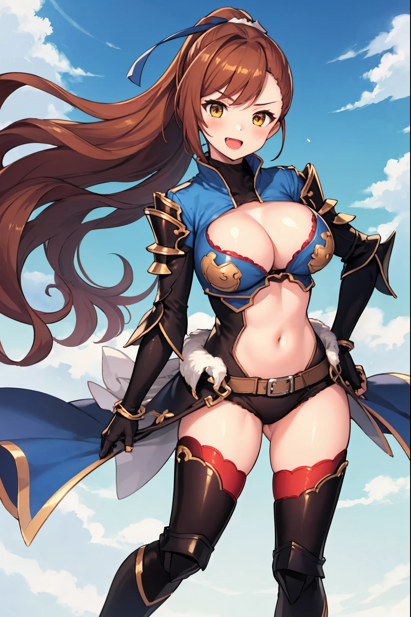 masterpiece, best quality, 1teen_girl,def,beatrix, ponytail, hair ribbon, gauntlets, blue shirt, gloves, cleavage cutout, looking at viewer, big_smile, large breasts, sky_landscape_background ,,happy,covered_nipples,young_teen,full_of_beans,,laugh,blush,open_mouth,thigh-highs, glower,open_legs,rise_knee,(angry:0.8)