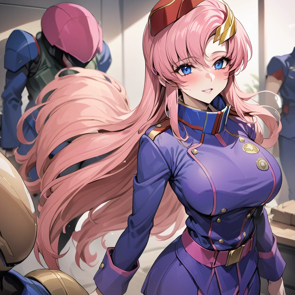 ((Highest quality)), ((masterpiece)), (detailed), (Perfect Face)、Gundam SEED、The woman is Lacus Clyne, with blue eyes, pink medium-long hair and a hair accessory.、The woman is a senior female officer in the Earth Federation Army, wearing an Earth Federation Army uniform and a military cap.