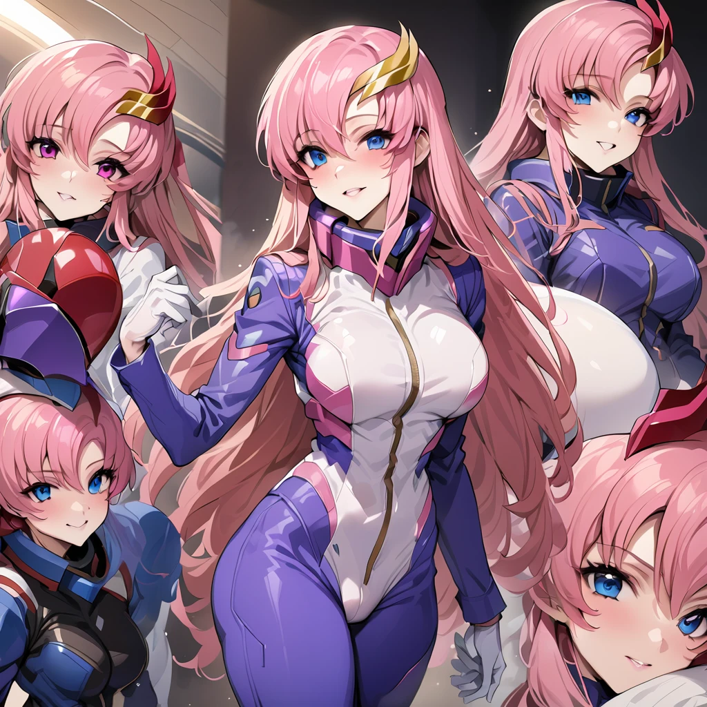 ((Highest quality)), ((masterpiece)), (detailed), （Perfect Face）、Gundam SEED、The woman is Lacus Clyne, with blue eyes, pink medium-long hair and a hair accessory.、The woman is a female officer of the Earth Federation Army, wearing an Earth Federation Army pilot suit and a full-face pilot helmet.