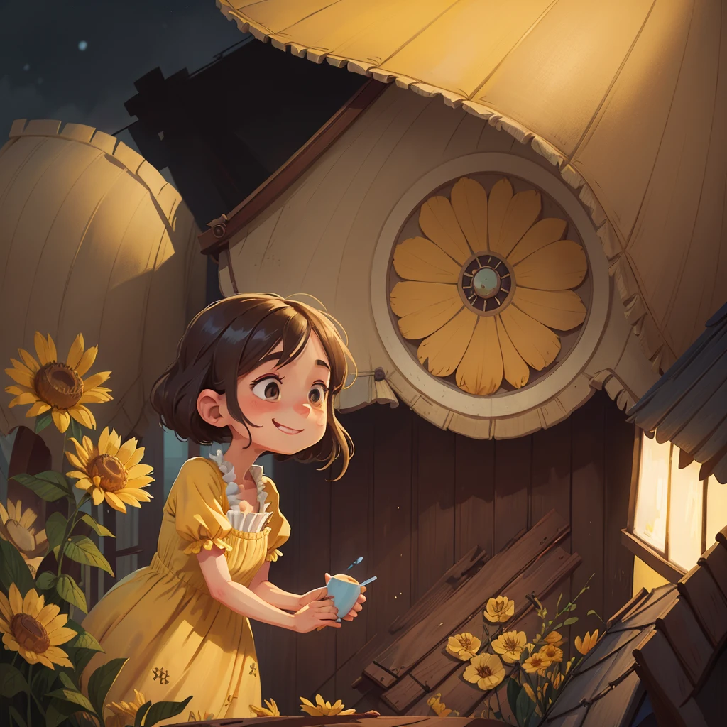 A thin woman wearing a yellow flower sundress, with blue eyes, light brown hair, a long nose and a smile, and is standing drinking tea out in on a rooftop at night in a victorian house