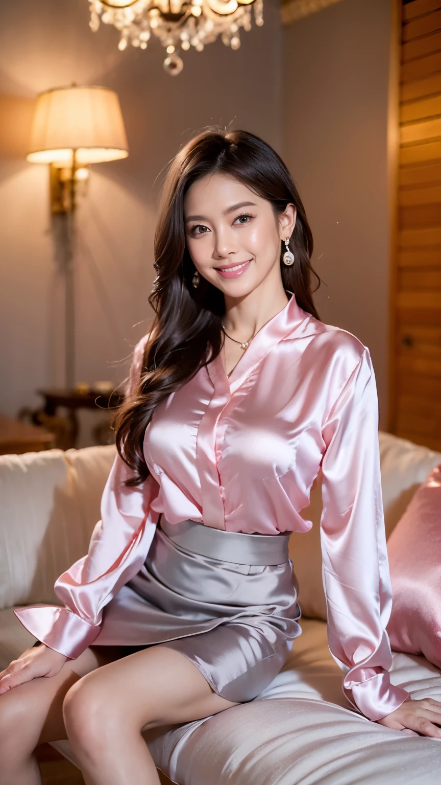 (RAW Photos:1.2)、 (Realistic:1.4),(D cup breasts),Thick legs、alone、(pink silk_blouse:1.5),(Grey pencil skirt:1.5),(Knee-length skirt:1.8)、(Pearl_Earrings:1.3),Jewelry Necklace Short Hair,black eye、(Dimly lit luxury boutique:1.8)、(Looking at the audience:1.2)、Beautiful Japanese Woman, Very detailed,High resolution, Very detailed,Highest quality,Raise awareness,Unified,8k wallpaper,masterpiece,Highest quality,1 female,alone,rich,Whole Body Ezbian,((smile:1.5))、(Full body photo)、Sit on the sofa with your legs together、Black pumps、Wooden floor、chandelier
